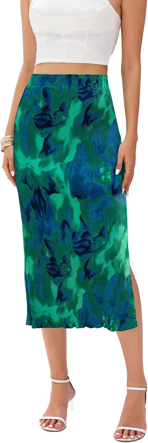 Midi-length floral skirt with a side slit